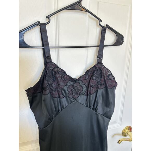VTG Black Nylon Floral Slip Dress Lace Size 36 Whimsigoth Dark Fairy Romantic - Picture 3 of 5